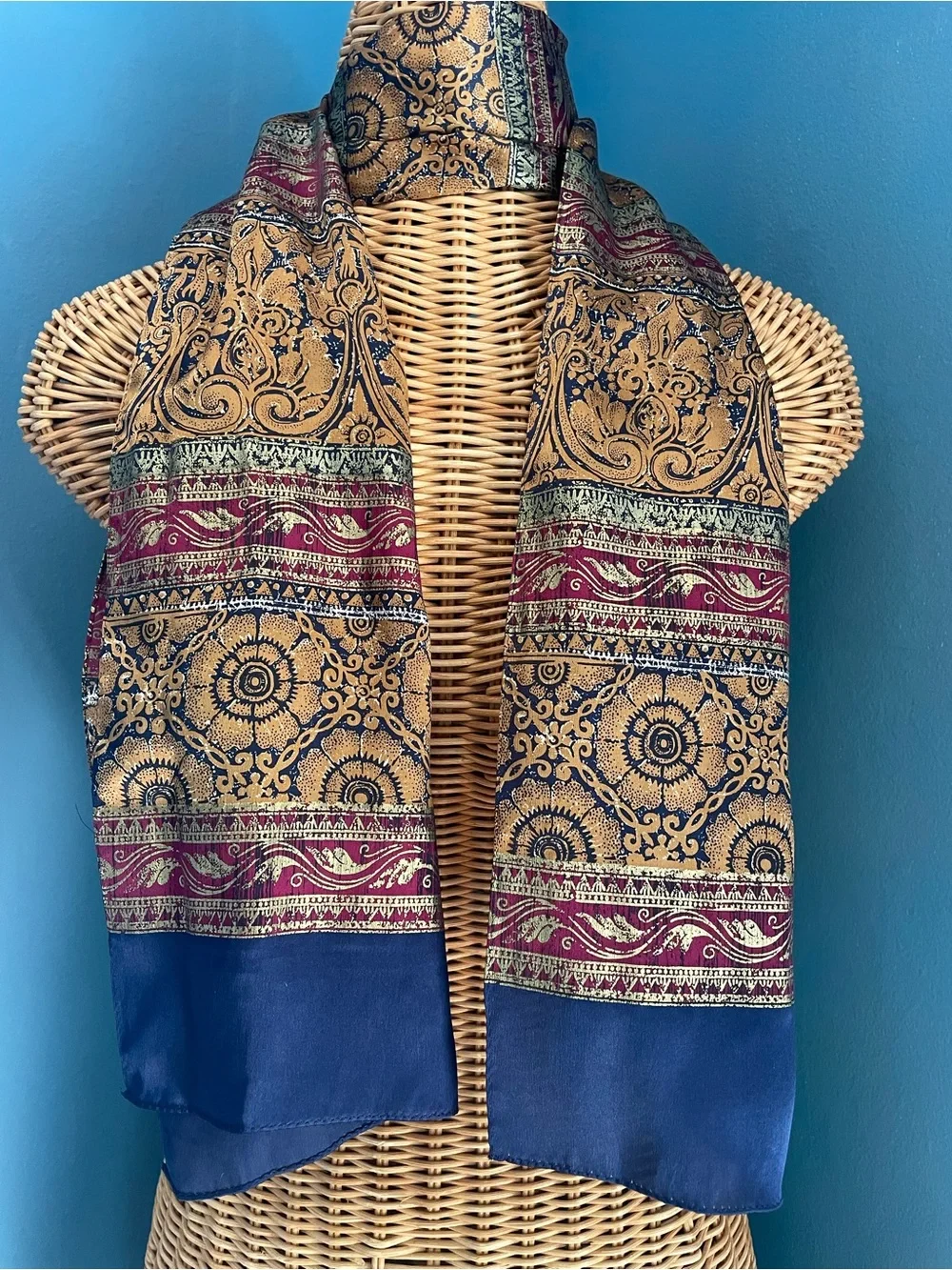 Vintage ECHO Silk Scarf Ornate Ethnic Tapestry Print Gold Burgundy Navy Blue